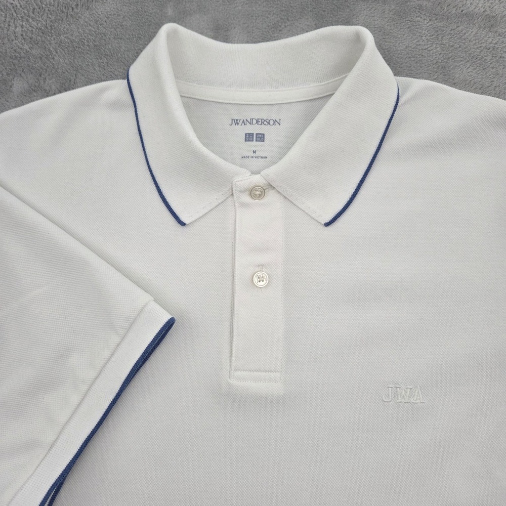 Uniqlo JW Anderson Polo Shirt Mens M White Tipped Pique Embroidered Logo 485564